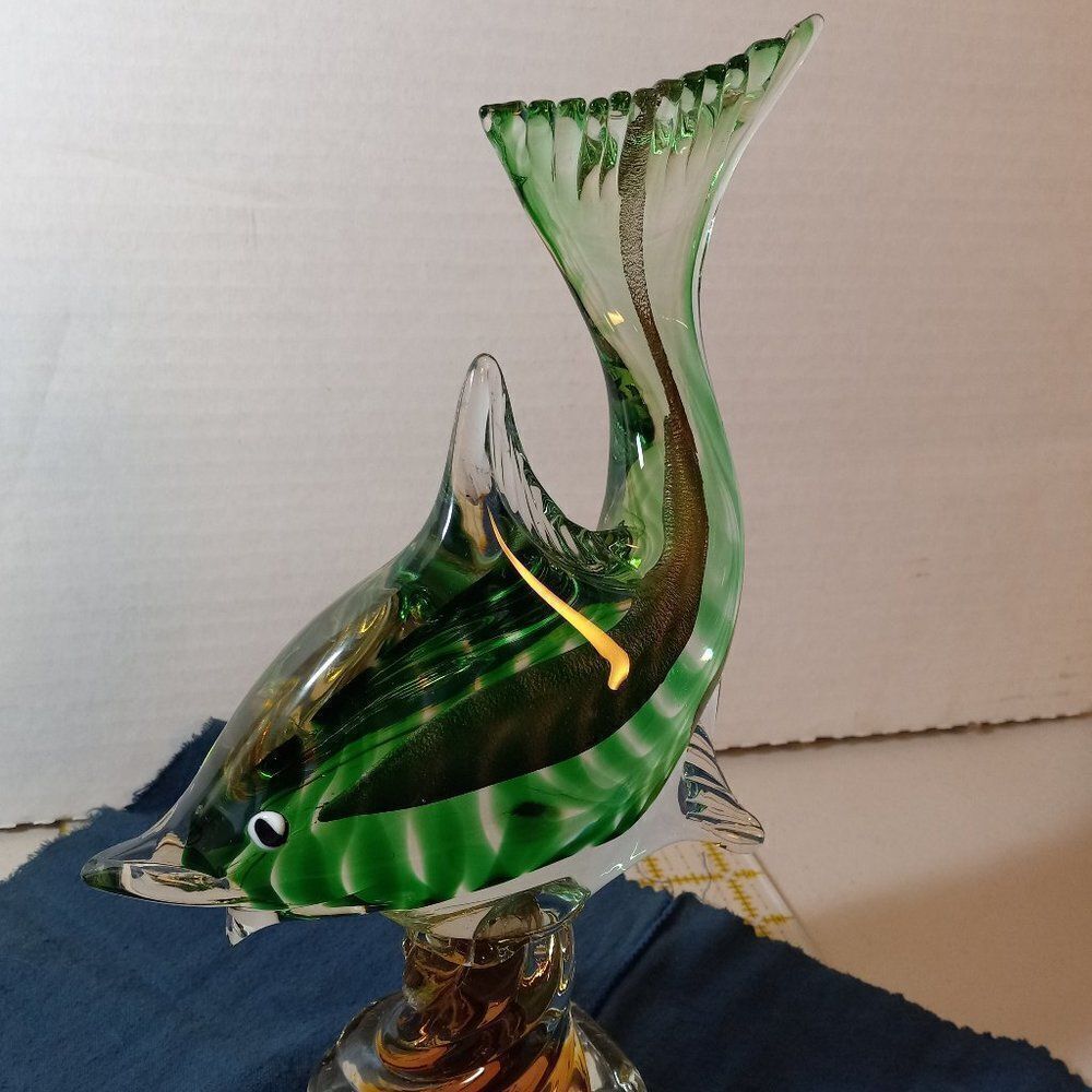Vintage Art Glass Green Angelfish Fishing Outdoors Country Cottagecore